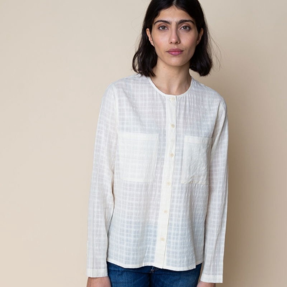 Folk Mandarin Grid Pocket Button Long Sleeve sz 4 (M/L)